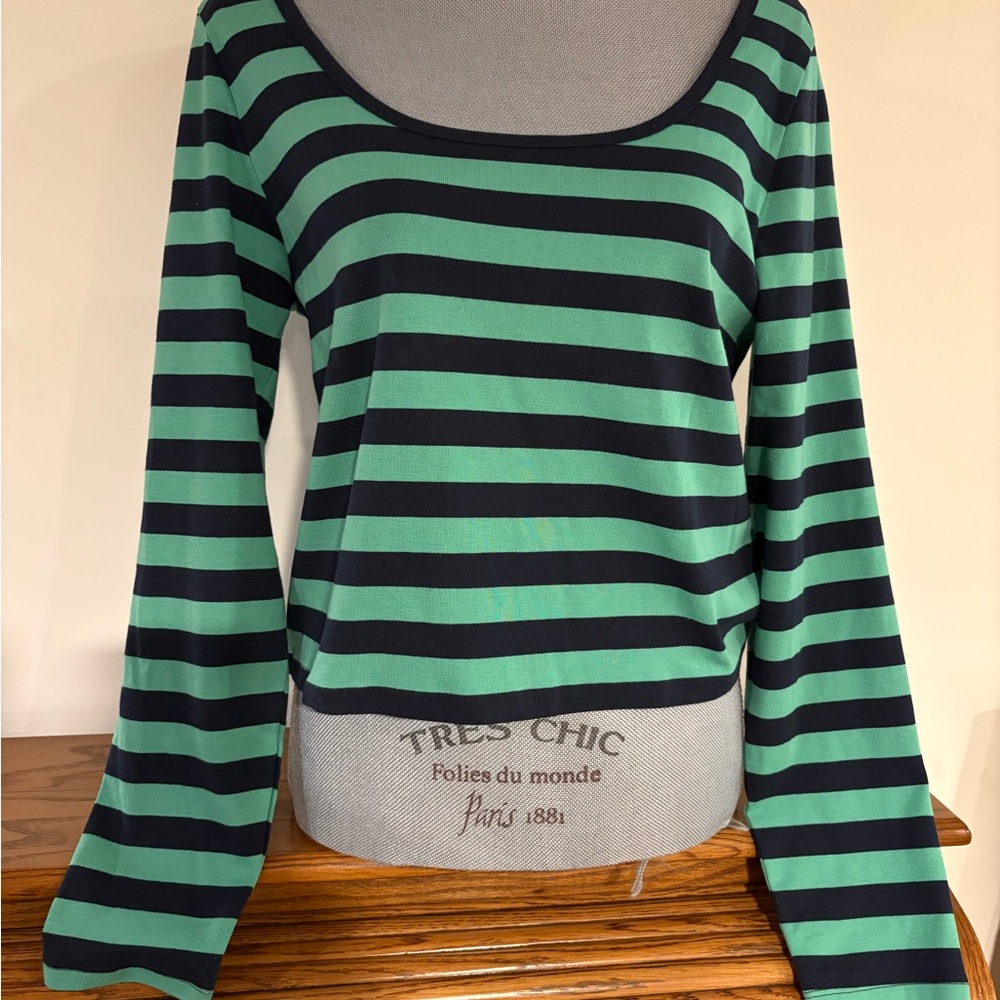 J. Crew women’s Striped Green and dark navy blue long sleeve cropped Tee Top XXL